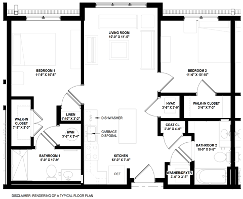 Floor plan for 2 beds, 2 baths, 931 sqft